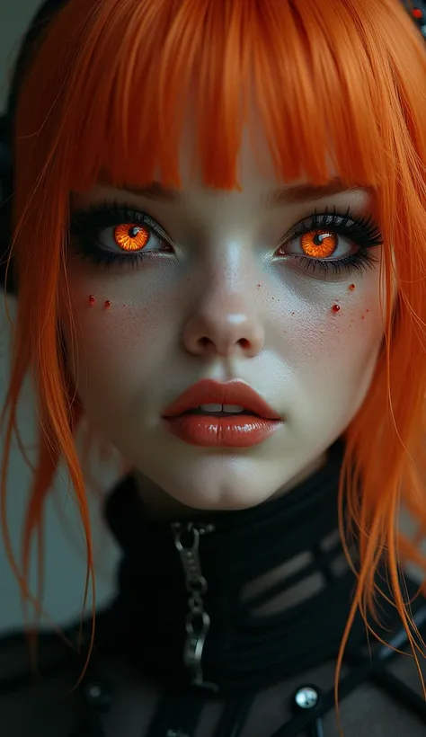 Ghotic cybergirl, retrato facial , eyes cyber, seduction,hair color orange, little smile