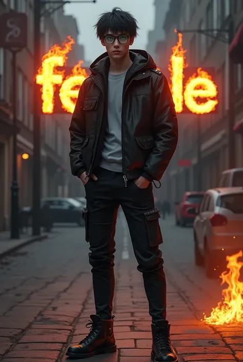 Pale-skinned young man is strong, has blue eyes, has short dark hair and a black jacket,  glasses, his pants and black shoes are steampunk style, he is full height, You will see a burning text that says "FEMALE"