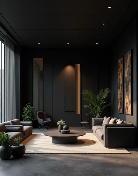 realistic render of Modern, minimal, matte black color hotel so small lobby interior design, small lobby interior design,