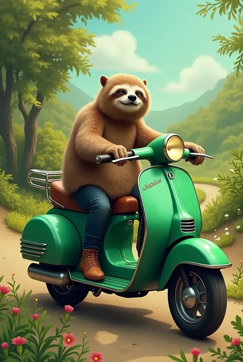 A picture of a lazy animal riding a green motorcycle next to Amir Hossein Maqsoodlou