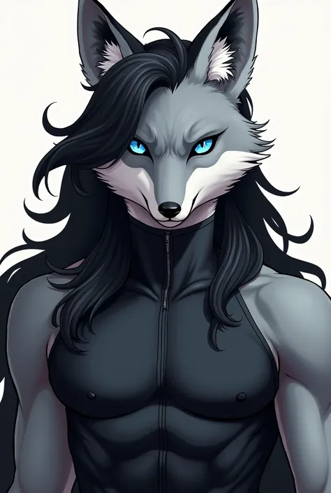 Anime furry, gray fox, blue eyes, male fox, antropomorfic, black uniform, black long hair, fox face, extremaly detailed fox face, black ears, muscle