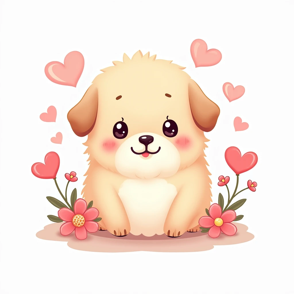 Sticker of a cute, round little dog with big, sparkling eyes and a gentle smile on its face. It has soft, pastel-colored fur. The small critter is surrounded by dainty, heart-shaped flowers in complementary pastel shades, adding to the stickers overall cha...