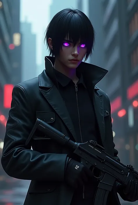 Create a male character with straight hair, glowing purple eyes, a jacket and an AK