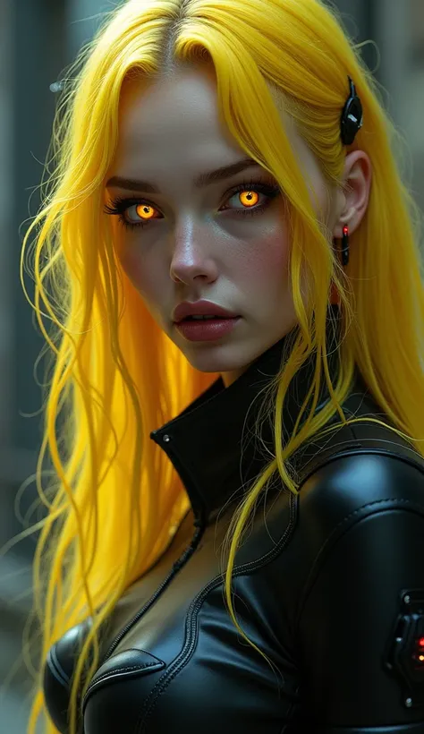 Ghotic cybergirl, retrato facial , eyes cyber, seduction,hair color yellow, little smile