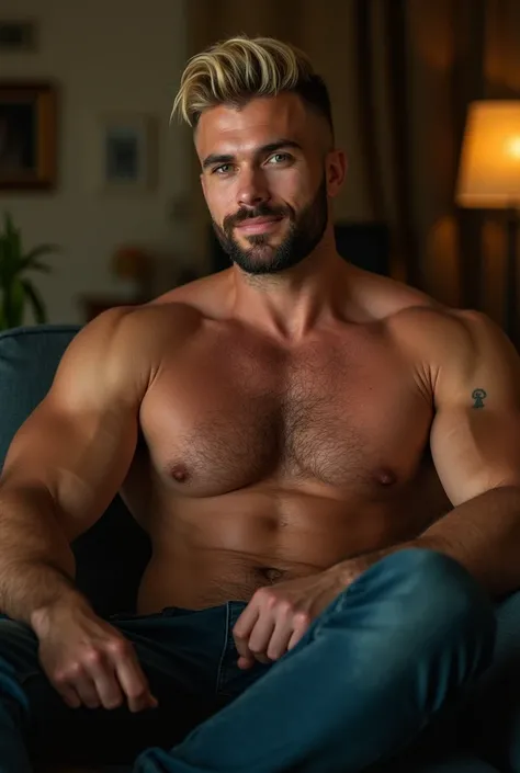 A big muscular man sitting with his legs spread on the couch at home. He is masculine, manly, Brazilian, green eyes, boxer facial features, big full lips, mischievous smile and has a blonde beard, he is shirtless and has a shaved haircut with a fade, his b...