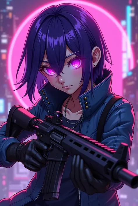 Create a male character with straight hair, glowing purple eyes, a jacket and an AK.cartoon