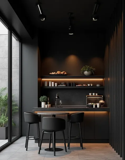 realistic render of Modern, minimal, matte black color hotel breakfast bar interior design, small breakfast bar interior design,