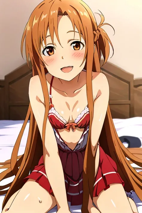 ((Highest quality)), ((masterpiece)), (be familiar with), Perfect Face, indoor, Bedroom, Watching the audience,
One woman, Yuuki Asuna,
Open Mouth, Ecstatic expression, blush, smile,
Small breasts, Flat Chest, , , child, Girl,
Long Hair, Long Hair,
Leg spr...