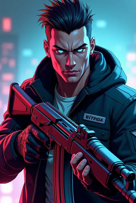 Create a male character with straight hair, blue glowing eyes, a jacket and an ak.cartoon