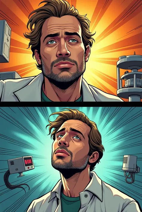 It is a color comic with 2 panels. In the first panel you can see a scientist with his eyes closed and in the other panel he opens his eyes.
