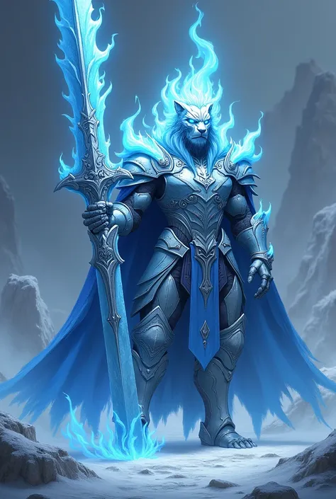 Un rois de la glace avec un heaume en forme de lion avec des flammes bleu, une armure magnifique avec des effets bleu, est une cape transparente bleu, une épée super grande avec des flammes rouge