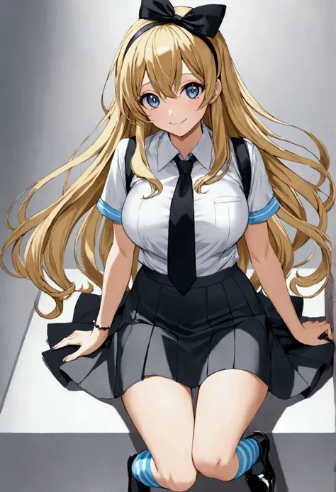 anime girl with long blonde hair, loose and wavy that cascades over her shoulders.She wears a schoolgirl uniform with a white short-sleeved blouse, Tight to the body and with a neckline that elegantly highlights her large breasts. The blouse features a fin...