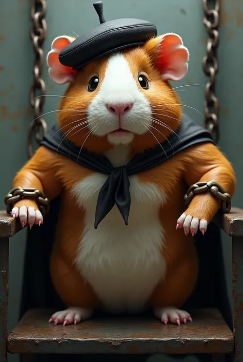 Image of a brown and white muscular superhero guinea pig with a black beret and cape tied to a metal chair with chains