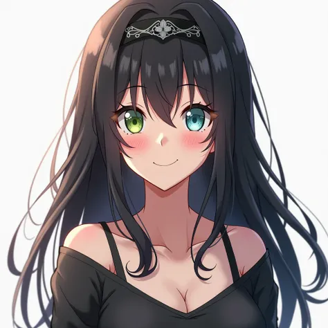 1girl, High Resolution, Looking at viewer, Smile, Bangs, Black Hair, Long Hair, Breasts, Grin, Simple background, Hairband, Anime, Anime Style, Full Body, Curvy Body, Left Eye Green, Right Eye Blue