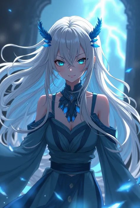 Girl with long white hair, big bright blue combat eyes, sister of satoru gojo and jujutsu style kaisen anime