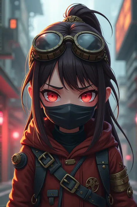 grumpy girl, with long, tied-up dark brown hair, Eyes red, with aviator glasses on his forehead, wearing a mask, steampunk style clothing, アニメ, 4K