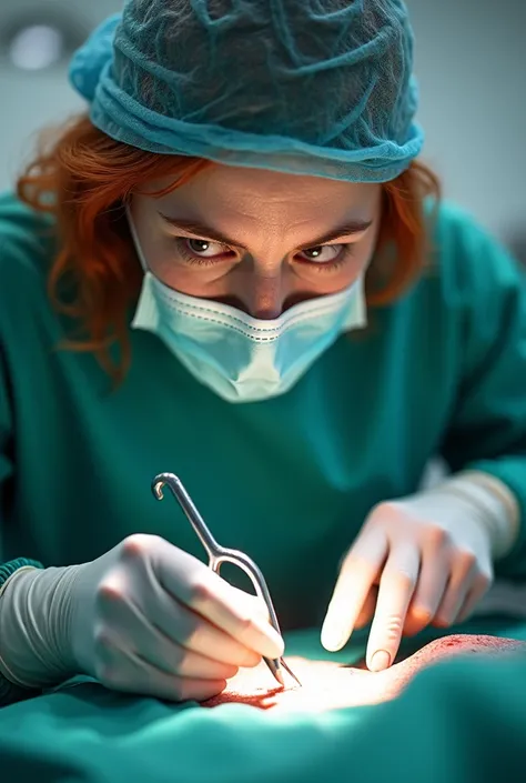 REAL IMAGE OF A DOCTOR, WITH RED HAIR, WITH SURGICAL CAP AND SURGICAL MASK, IN AN OPERATING ROOM, PERFORMING COMPLEX SURGERY, WITH LIGHTING BEHIND THE HEAD, HD, super detail, textured skin