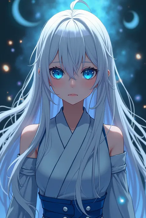 Girl with long white hair, big, bright blue eyes, sister of satoru gojo and jujutsu style kaisen anime