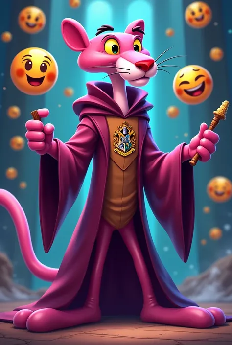 Cartoon of The Pink Panther saying submit your emojis with a Hogwarts robe and a wand casting a spell 