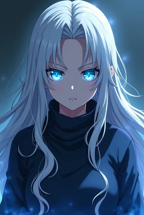 Girl with long white hair, big bright blue combat eyes, sister of satoru gojo and jujutsu style kaisen anime and that looks like satotu gojo