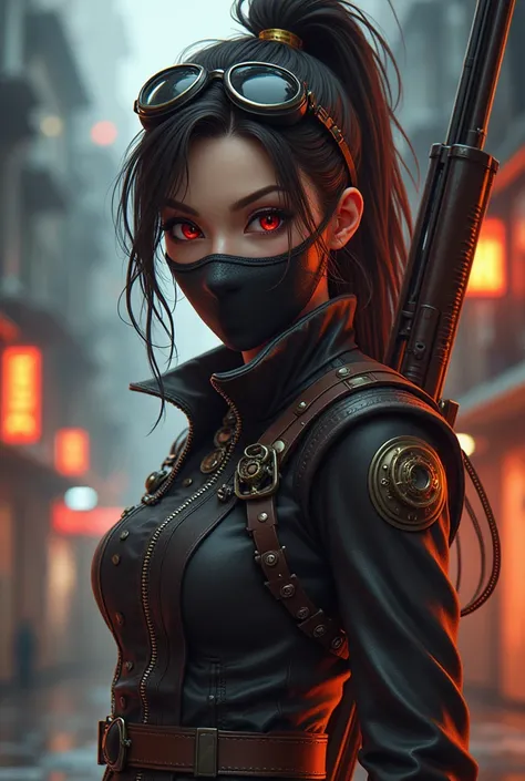 Bad-tempered woman, with long, tied-up dark brown hair, Eyes red, with aviator glasses on his forehead, wearing a mask, steampunk style clothing, with rifle on the back anime, 4K