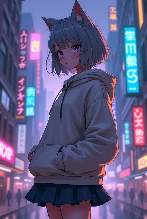 ８０With a city pop evening background from the 1980s、A girl with cat ears, mist gray hair, and short hair, wearing a hoodie on top and a skirt on the bottom.