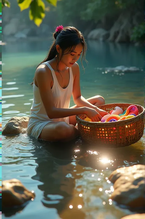 Fantastical concept art. Close-up shot. A young Khmer woman wearing a large white tank top and Saron, sits in a clear river washing traditional colorful clothes with varied patterns, surrounded by rocks and a basket. Low-angle shot. Oil painting style with...