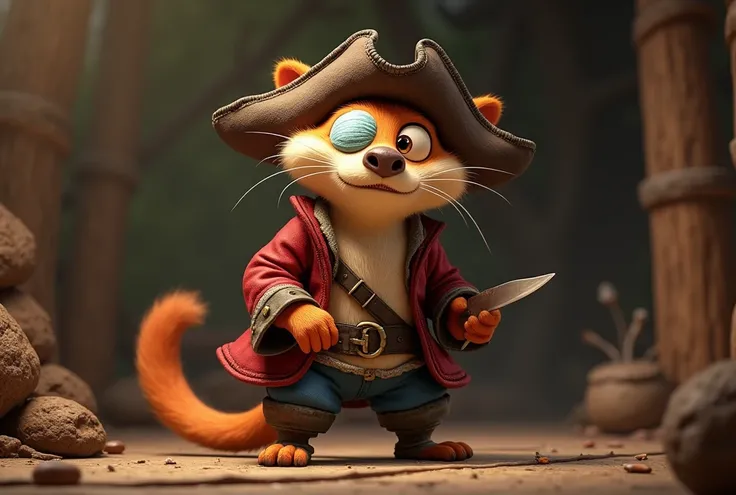 ((Ultra-detailed 4K image with poorly realistic cartoon style):1.3). | Buck, the crazy, one-eyed weasel from "Ice Age," is in an awkward, comical pose. He wears a poorly designed bandage over his right eye, which appears to have been hastily made. His Cari...