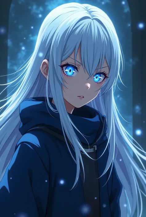 Girl with long white hair, big bright blue combat eyes, sister of satoru gojo and jujutsu style kaisen anime and that looks like satotu gojo