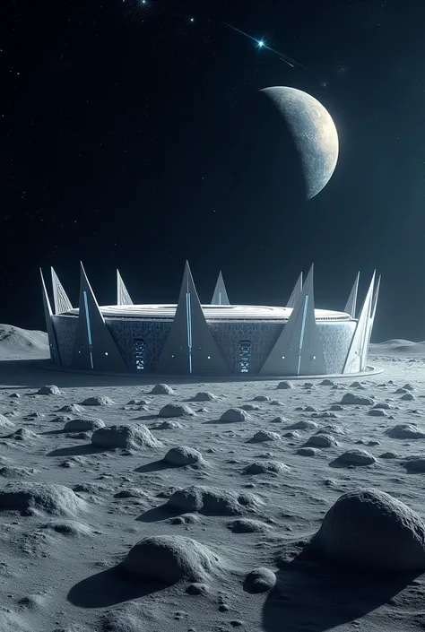 Create a modern football stadium located on the moon, The stadium is seen from the outside along with meteorites or celestial bodies. 