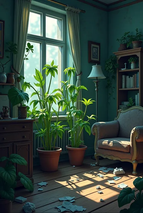 wilted plants in a dirty 90s cartoon style room