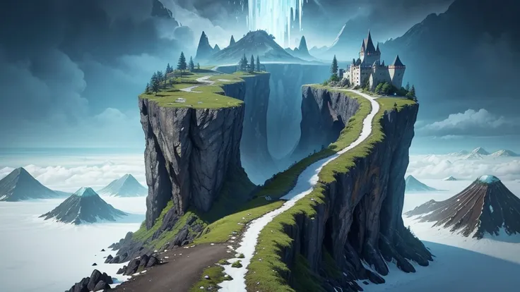 Generate me an image of a path with 3 levels of each theme, the first of a castle, the second of a forest, the third zone of a volcano, the next sea area and finally a level with the theme of an icy area