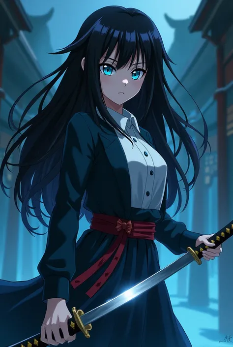 girl from kimetsu no yaiba with her hunter
 with long black hair and light blue eyes with white skin and her katana anime demon slayer kimetsu no yaiba