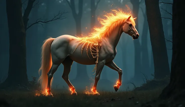 A horse with a fire above its head, while in the middle of its body to the back is a skeleton walking in the forest at night 8k --ar 16:9 --v 6.0  
