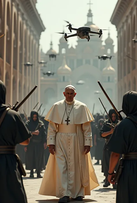 “A dramatic and tension-filled scene in which an Islamic group, represented with a generic aesthetic and without specifying a particular region or group, is carrying out an attack against Pope Francis. The Pope is in an environment reminiscent of a public ...