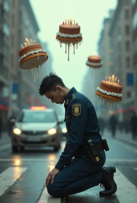 Slender sad man on his knees in traffic cop outfit,  blue crying birthday cakes 