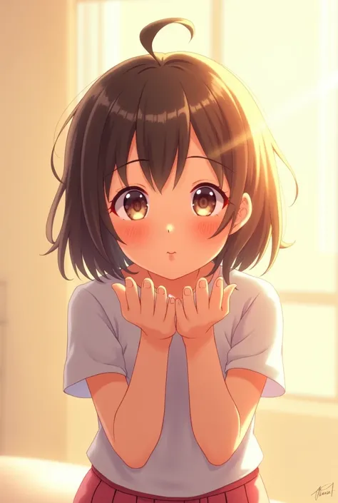 A cheerful young girl with shoulder-length hair, wearing a casual outfit, blows a playful kiss towards the camera. The background is light and airy, with a warm, soft glow, and the girl’s expression is joyful and full of energy.