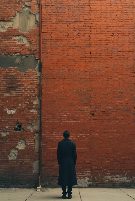 A red brick wall with someone staring at it 