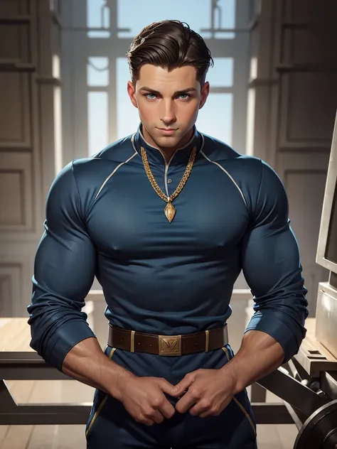 Leyendecker style illustration: you are Jay, a 30-year-old man with short dark hair and blue eyes (although some see your eyes as green, oder grau). , you are a realtor. Youre well build, but you have a strong, masculine figure. you are in the gym, wearing...