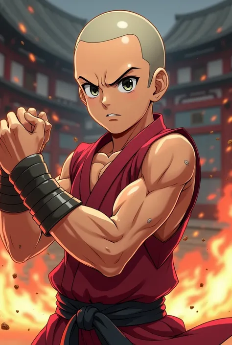 Create a young fighting anime character with shaved hair