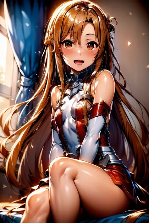 ((Highest quality)), ((masterpiece)), (be familiar with), Perfect Face, indoor, Bedroom, Watching the audience,
One woman, Yuuki Asuna,
Open Mouth, Ecstatic expression, blush, smile,
Small breasts, Flat Chest, , , child, Girl,
Long Hair, Long Hair,
Leg spr...