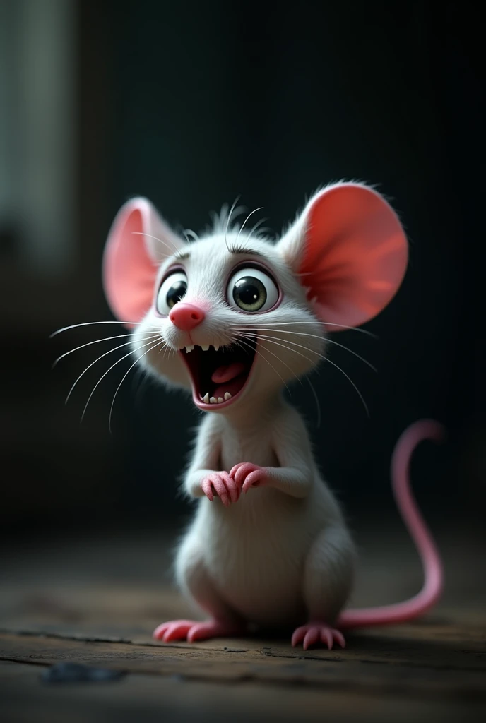 The mouse cries and gets scared: