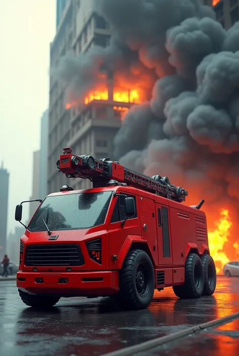 Fire truck with 4 wheels, robot, autonomously extinguishing a fire 
