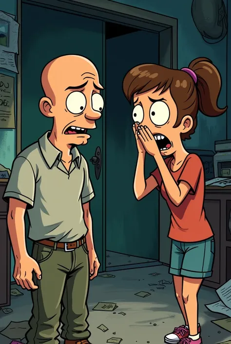  bald man 30 years old when he speaks a breath woman next to him covers her nose disgusted face dirty room 90s cartoon style