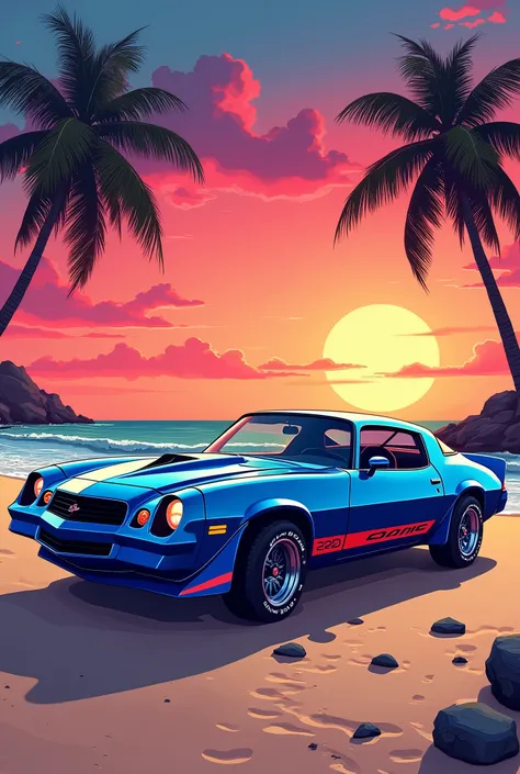  1979 camaro, blue, z28, retro car poster, illustrated, sunset beach backround, los angeles, cartoon, bright colors --v 6.1 -
