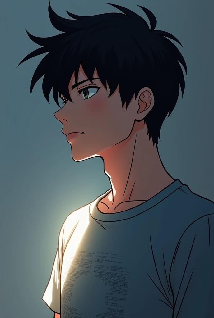 anime guy left side of face profile view wearing a t shirt with lighting coming in from the middle giving his front of his shirt the only lighting
