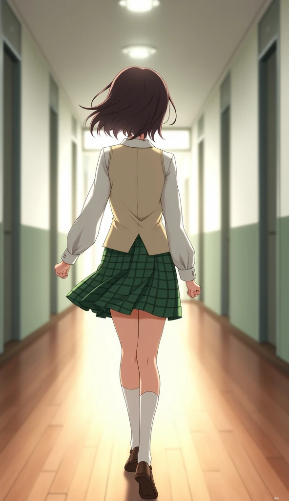 A 1 anime style girl, walking, aisle, third floor, white school, wooden floor in tokyo city afternoon, (back view), mide 169 cm, its measures: B 65, At 35, H 70, She has short hair, 25 cm long, dark brown in color., She clenches her fist, He wears a white ...