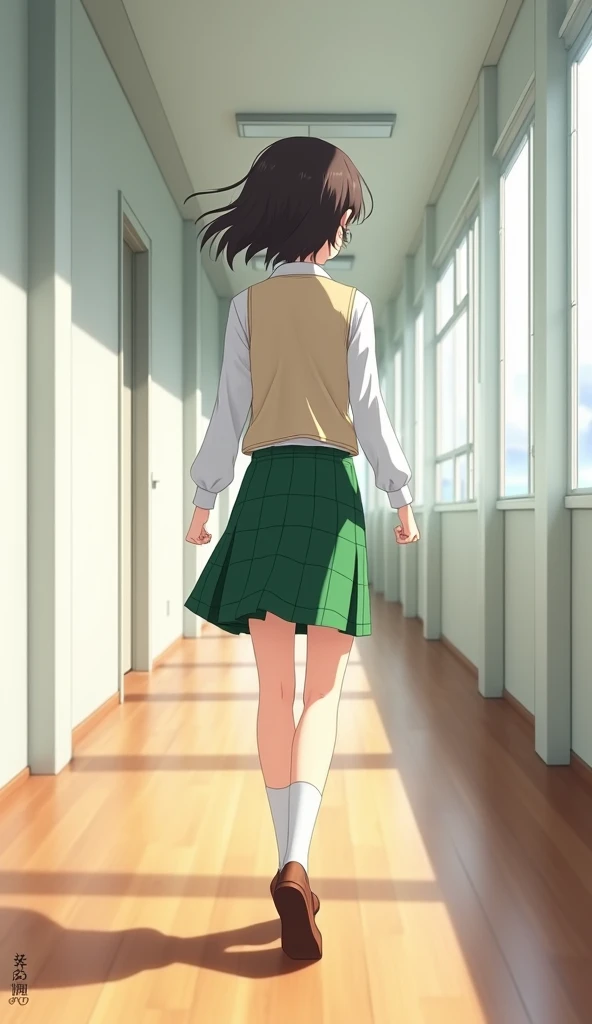 A 1 anime style girl, walking, aisle, third floor, white school, wooden floor in tokyo city afternoon, (back view), mide 169 cm, its measures: B 65, At 35, H 70, She has short hair, 25 cm long, dark brown in color., She clenches her fist, He wears a white ...