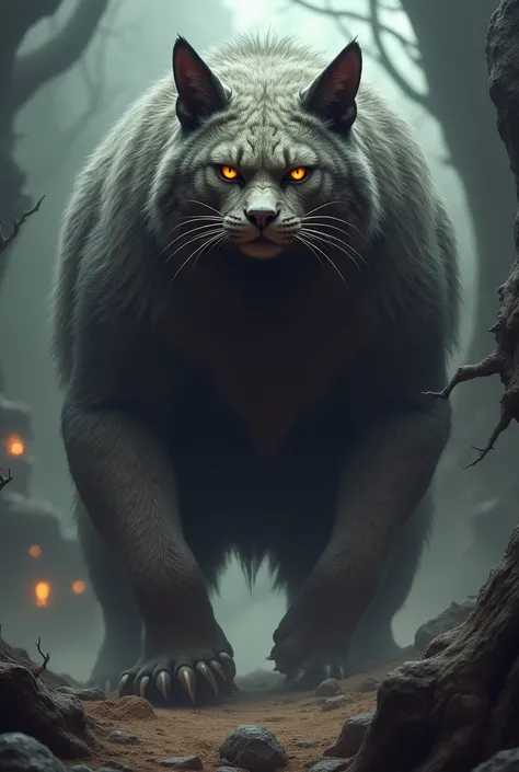 Make me a big feline on four legs similar to a cat, but it is dark, with a gray and brown coat with shapes and large whiskers. Do it in dark fantasy style