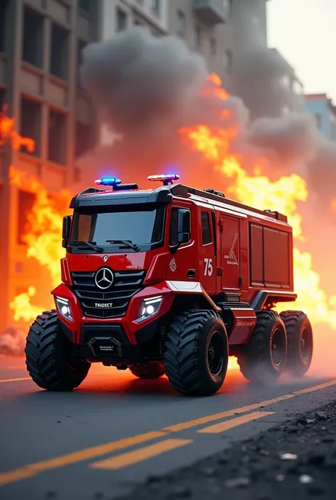 Modern 4-wheeled fire truck putting out a fire that is autonomous, like a robotics project, and that sprays water under pressure from the front of the truck

